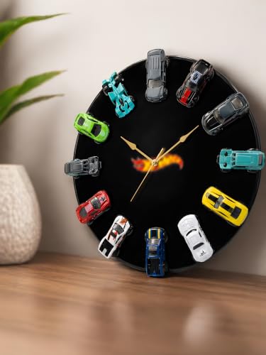 Image of FANCY THINGS 12 Mini Car Decorative Wall Clock, Black Acrylic Analog Clock with Silent Non-Ticking Movement, Collector Room Decor for Car Lovers, Kids Room, Gaming Room, Bedroom and Office