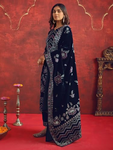 Image of INDO ERA Women's Velvet Floral Embroidered Straight Kurta & Pant with Dupatta Set (IESTR12390)