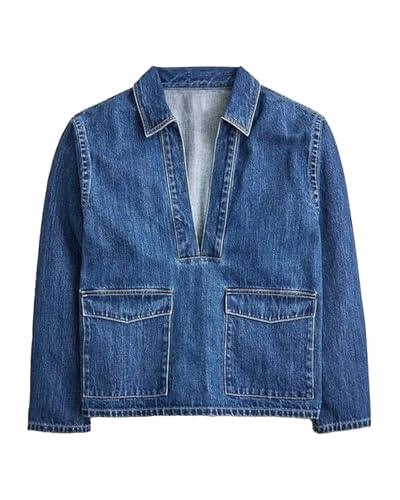 Kedera Women's Denim Pullover Casual V Neck Blouse Loose Fit Long Sleeve Jean Jacket Western Shirt with Pocket