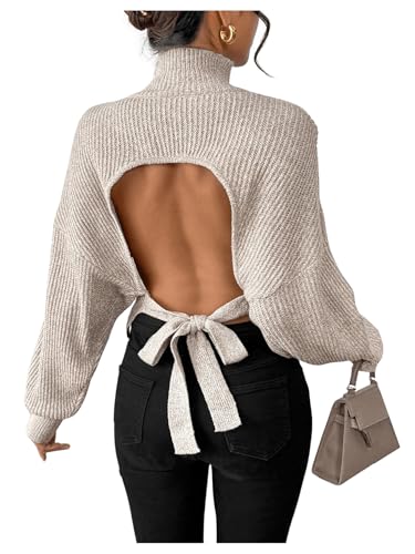 GORGLITTER Women's Open Back Sweater Cropped Backless Bow Long Sleeve Mock Neck Pullover Top Fall Trendy 2025