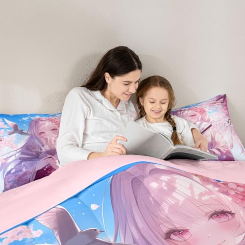 Image of Erosebridal Japanese Style Girl Comforter Set, Cartoon Anime Girl Bedding Japanese Cherry Blossoms Bed Comforter Set, Romance Room Decor, Cartoon Kawaii Girly Bedding Sets King Size 3 Pieces