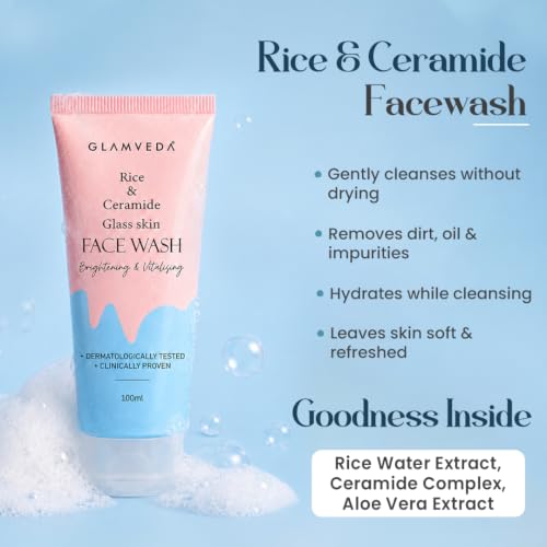 Image of Glamveda Korean Rice & Ceramide 3 Step Face Wash, Face Scrub & Peel Off Mask For Women & Men| Reduces Signs of Ageing & Skin Brightening | For Dry to Combination Skin Type