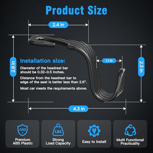 Image of 4-Pack Car Headrest Hooks Holds 55lbs Seat Storage Organizer for Bags | Durable ABS Material, 360 Rotating, Car Hanger for Backpack Umbrella Water Bottle Coat Handbags Groceries, Checkered Black