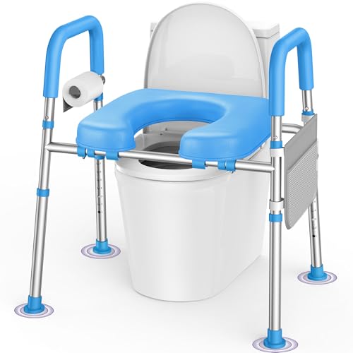 Image of KEKOY Toilet Seat Risers for Seniors, Adjustable Height Width, Fits Most Users | Padded Elevated with Handles, Tool Free Install, Fits Most Round Elongated Toilets for Handicap,Ideal for Bathroom, Blue