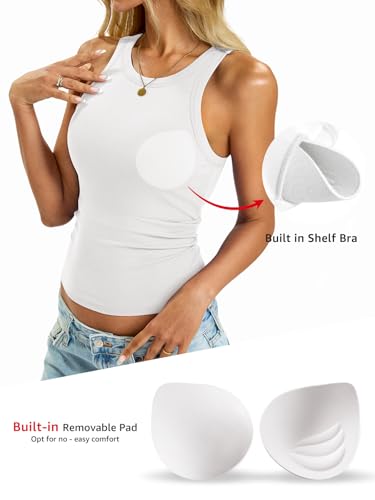 Womens Built in Shelf Bra Tank Tops Padded Ribbed High Neck Shirts Slim Fitted Basic Summer Sleeveless Tee3