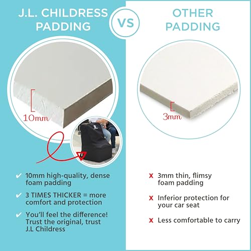 jl childress padded backpack car seat bag - travel bag for airplane fits most baby amp infant car seats boosters amp carriers accessories for gate or baggage check airtag compatible - deluxe black