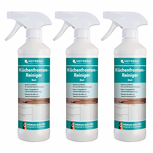 HOTREGA Küchenfronten Reiniger Matt 3x 500 ml| Entfernt Fingerabdrücke und Alltagsschmutz von matten Küchenfronten & empfindlichen Oberflächen