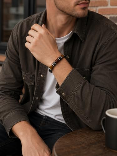Pulsera trenzada de cuero para hombre con piedra ojo de tigre miniatura 4