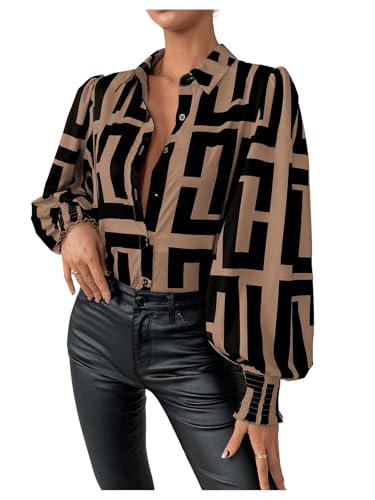 SweatyRocks Women's Graphic Print Long Lantern Sleeve Collar Neck Button Front Blouse Shirt Top