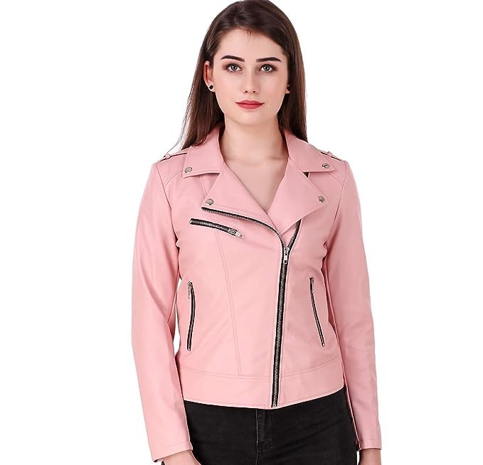Image of Womens & Girl's Faux Leather Solid Regular BikerJacket