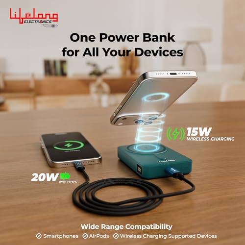 Image of Lifelong Electronics 10000mAh MagSafe Wireless Power Bank | Powerbank for iPhone & Apple AirPods | Works as Mobile Phone Stand | Supports Wired Fast Charging | Has Metal Stand, Battery Display & Cable