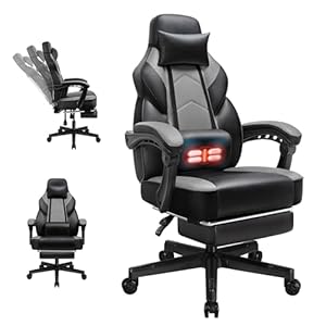 Video Gaming Chairs for Adults, Computer Chair with Footrest and Ergonomic High Back, Big and Tall Gamer Chair with Massage Lumbar Support, 360° Swivel Height Adjustable Computer Chair, Grey