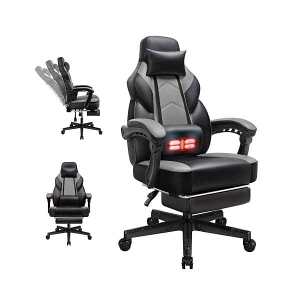 Video Gaming Chairs for Adults, Computer Chair with Footrest and Ergonomic High Back, Big and Tall Gamer Chair with Massage Lumbar Support, 360° Swivel Height Adjustable Computer Chair, Grey