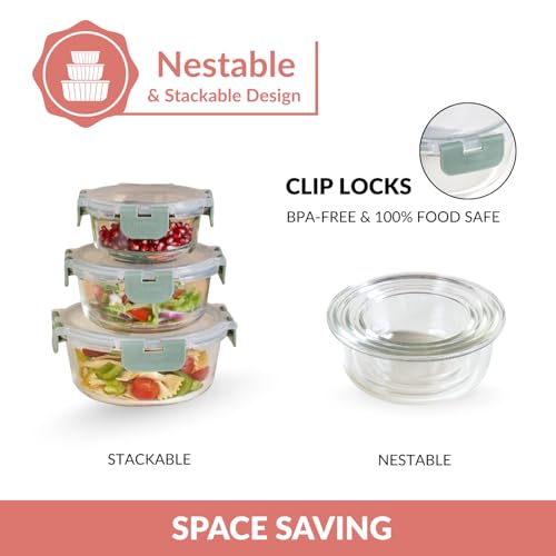 Image of Nestasia Nestro Airtight Glass Containers with Lid Set of 3 (215ml, 400ml, 600ml) | Spill Proof Round Glass Containers with Break Free Lock - Microwave, Dishwasher & Freezer Safe (Green)