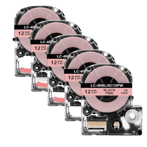 5pk 10pk 12mmラベルテープSS12KW LK-4WBN ST12KW SC12RW SC12YWラベルプリンターLW-300 LW-400および同様のモデルと互換性(5PK Black on Pink)