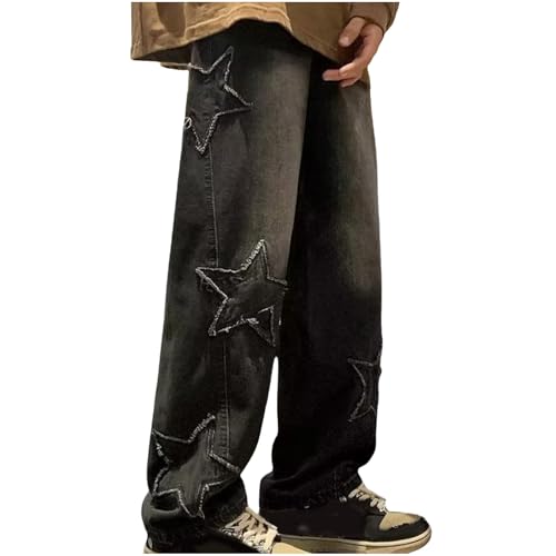 Cambkatl Men's Baggy Stars Graphic Jeans Wide Leg Casual Loose Fit Streetwear Denim Pants with Pockets