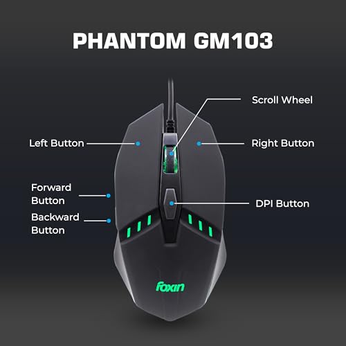 Image of Foxin Phantom GM 103 USB Wired Gaming Mouse with Upto 7200 DPI Gaming Sensor | 6 Buttons | Upto 10 Million Clicks | RGB Lighting | Ergonomic Design | 1.5m Cable (Black)