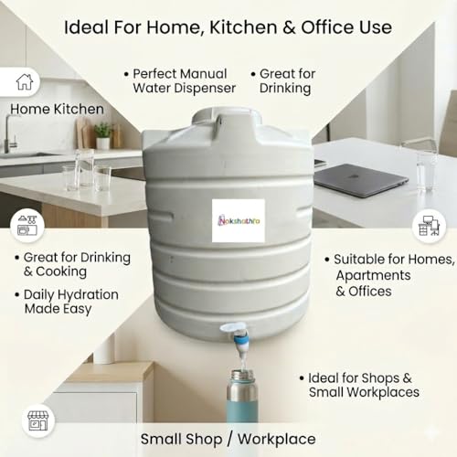 Image of NAKSHATHRA Water Dispenser with Tap, Plastic Water Storage Drum, Open Top with Lid, Ideal for Home, Kitchen & Office, Food Grade HDPE Material, UV-Stabilized - 50 litres (White)