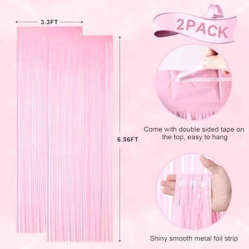Image of Voircoloria 2 Pack Pastel Pink Tinsel Foil Fringe Curtains, Pink Party Decorations, Metallic Tinsel Party Streamers Backdrop for Birthday Baby Shower Graduation Wedding Gender Reveal Party Decorations