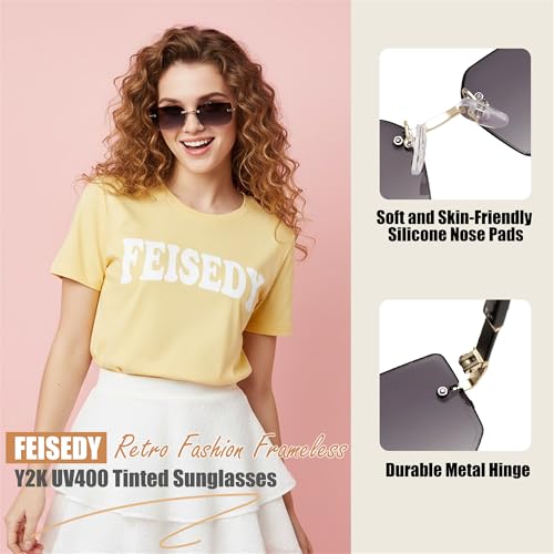 Image of FEISEDY Rimless Sunglasses Y2K Retro Small Narrow Clear Eyewear Vintage Rectangle Sunglasses for Women Men B2643