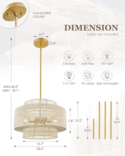 Image of 24 inch Large Boho Rattan Chandelier, 3-Tier White Hand-Woven Shade | 6-Light Gold Dining Room Light Fixture, Pendant Lights for Living Room Bedroom, Adjustable Height, AD-25050-6P-WH