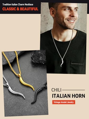 FaithHeart Italian Horn Pendant Necklace for Women Men Silver/Black/Gold Plated Stainless Steel Cornicello Necklace Protection Necklace Chains with Pendant Italian Charm Talisman with Gift Box3
