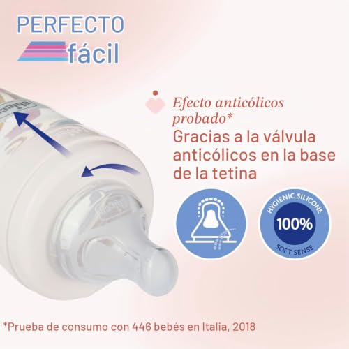 Miniatura 3 de Chicco Biberón Perfect Easy Fast Flow, con tetina Physio de silicona suave y acabado Soft Sense, anticólicos, reduce la regurgitación y la irritabilidad, biberón de plástico de 330 ml, 4m+, niña