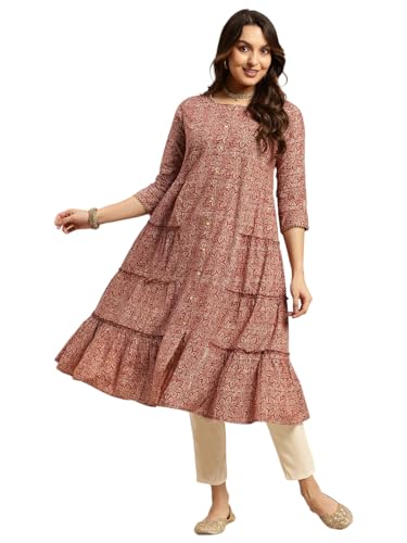 Image of rangita Cotton Calf Length Printed Tiered Flared Kurti for Women | Kurta for Women