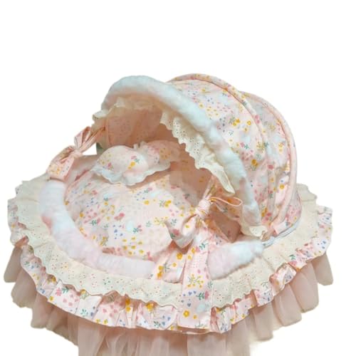 Fiozweaかわいいジャカード織りペットハウス、子猫用ゆりかご、花びらベッド、秋冬に暖かさをキープ、肌に優しい、ロリータプリンセススタイル、純綿子犬用ベッド (68*53*42cm,D)