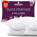 Slumberdown Duck Feather Pillows 4 Pack - 100% Ethically Sourced Feather Pillow for Comfort, Loft & Support | UK-Made, Soft Cotton Cover, Non-Allergenic & Washable (48 × 74cm)