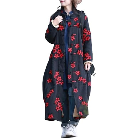LZJN Women Trench Coat Floral Embroidered Jacket Thick with Pockets (Black) Cover