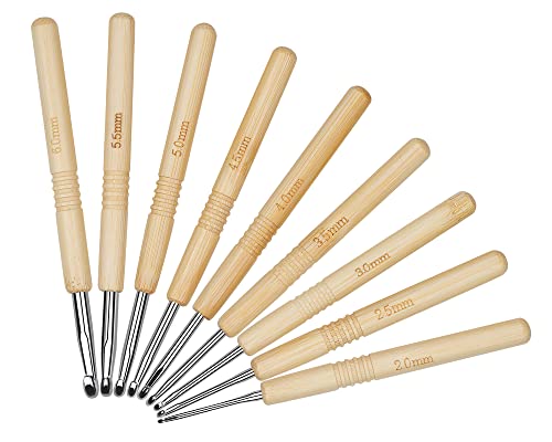 Aeelike 9 Stück Häkelnadel Set mit Bambus-Griff für Arthritische Hände, 2,0-6,0 mm Rutschfest Häkelnadeln mit Glatt Silber Aluminiumkopf, Leichte Häkelnadeln Set für Anfänger, Erwachsene, Profis Cover