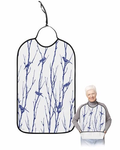 LEOKOTI Navy Blue Branches Birds Adult Bibs for Eating, Waterproof Bibs with Food Catcher & Snap Closure, Contemporary Abstract Silhouette Washable Clothing Protectors Adult Bibs for Elderly