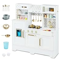 Costzon Kids Kitchen Playset, Toddler Pretend Cooking Playset w/Stoves, Faucet, Sink, Coffee Machine, Range Hood, Microwave Oven & Ice Dispenser, Wooden Chef Play Kitchen for Kids Aged 3+ (White)