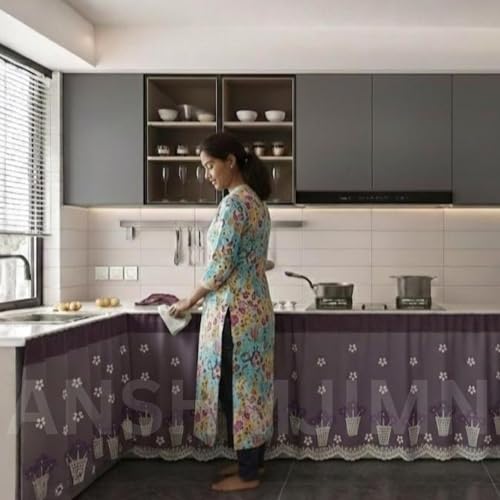 Image of Decorative Kitchen Sink Curtain | Pack of 2 | 150x70 cm Under-Sink Cover | Rod Pocket | Wash Basin & Storage Area Cover