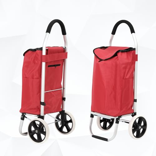 43.5Liter Aluminium Trolley Einkaufstrolley Klappbar, Shopping Trolley, Wasserabweisender Einkaufswagen Faltbar, Einkaufstasche mit 2 Rädern, Einkaufskorb mit Rollen, Groß - Rot – Bild 4