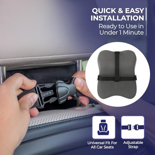 Image of WELLGIVER Orthopedic Memory Foam Car Neck Rest Pillow - Cervical Support Cushion for Neck Pain Relief, Adjustable Strap - Universal Fit for All Cars | Grey Velvet