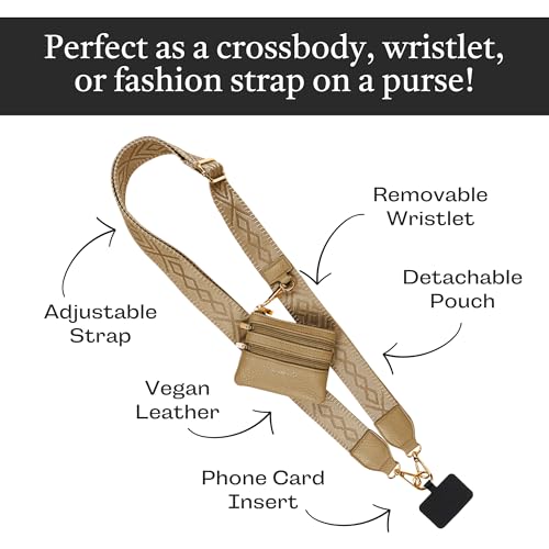 Image of Save the Girls Original Clip and Go Phone Strap Pattern (Classic - Camel) - Crossbody Phone Strap Chain with Zipper Wallet Pouch - Phone Lanyard Zippered