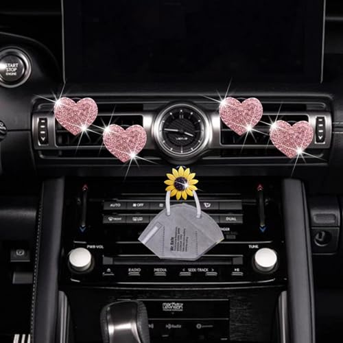 Image of 4 PCS Bling Car Air Conditioner Air Outlet Decoration, Diamond Studded Shiny Heart-Shaped Clip, Cute Charm Interior Aesthetic Ornaments for Women, Universal Car Interior Accessories (Pink)