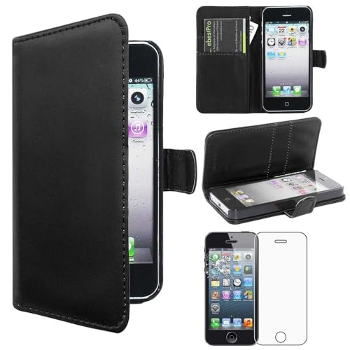 ebestStar - Cover Compatibile con iPhone SE 5S 5 Custodia Portafoglio Pelle PU Protezione Libro Flip, Nero + Pellicola Vetro Temperato [Apparecchio: 123.8 x 58.6 x 7.6mm, 4.0'']