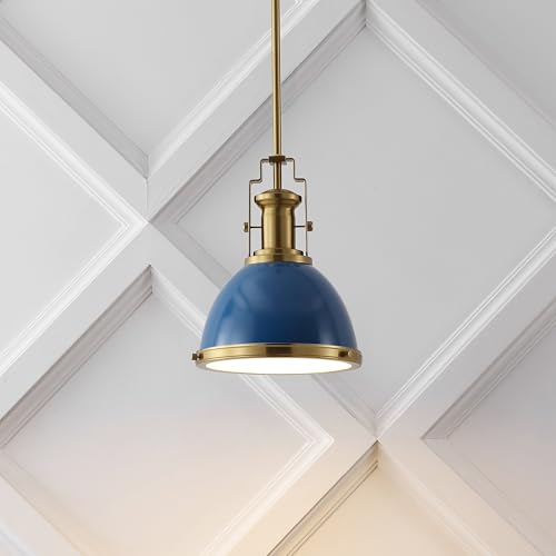 Image of JONATHAN Y Homer Industrial Dome Pendant 10 inch, Navy /Brass Gold | 1-Light, Farmhouse Style, Adjustable Hanging Height, Glass Diffuser, Sloped Ceiling Compatible, Metal, LED Bulb Included