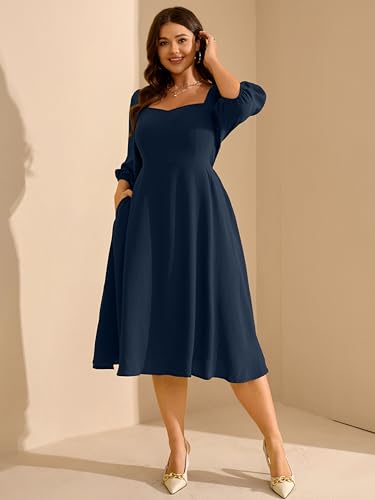 Image of RWJ Plus Size Dress for Women Fall 3 /4 Sleeve Sweetheart Neck Aline Casual Wedding Guest Formal Midi Dresses with Pockets