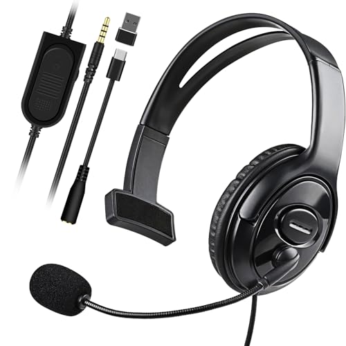 Image of Joso One Ear Headset with Mic, Wired Headset for PS5 /PS4 /Xbox /Switch /PC /iPad /Mac /Tablet with USB C & USB-A Adapter - Chat Headphone, Business, Coach, Gaming, Working, Black | One Ear