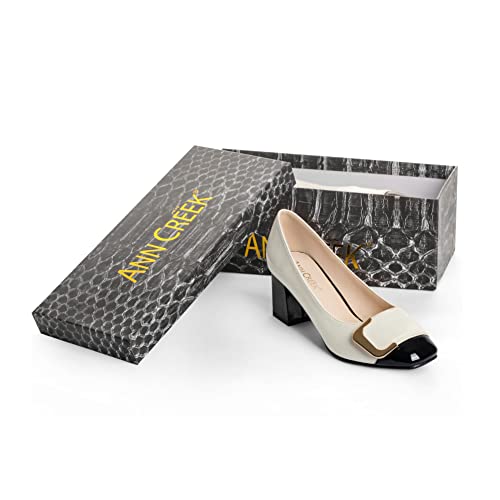 Ann Creek Women's 'Angela' White Pump Shoes Chunky Heel Pumps Square Toe Block Heel Pumps Low Heel Pumps Ladies Two Tone Dress Pump Shoes Office Formal Shoes White Heels White Size 9.5 #TOP7