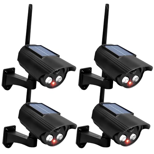 GOMETY 4 piezas de cámara falsa para exterior, cámara solar falsa, cámara de vigilancia falsa con luz LED roja intermitente, cámara de vigilancia falsa para exteriores para garajes, patios traseros