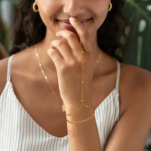 Gold & Silver Hand Chain Bracelet Set for Women Ring Bracelet CZ Beaded Layer Snake Link Chain Finger Jewelry Adjustable Hypoallergenic Trendy Hand Jewelry for Everyday Wear4