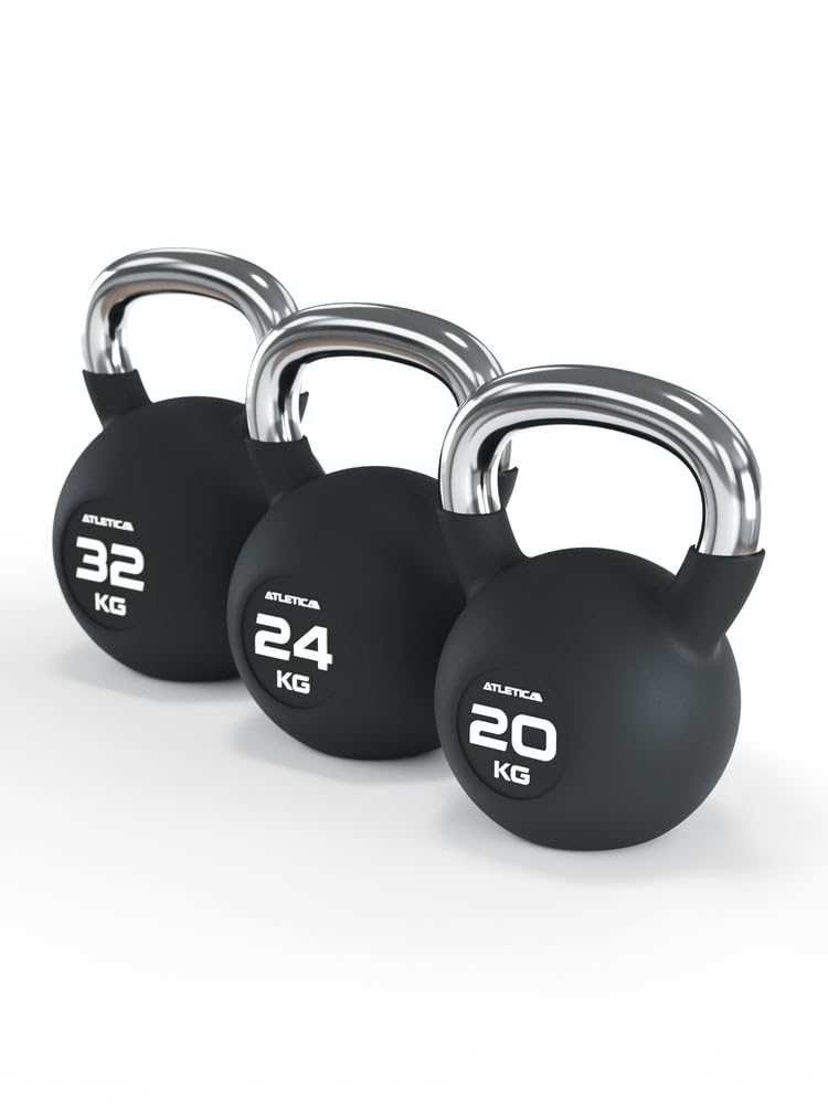 ATLETICA Zestaw Kettlebell | Finisher | 20, 24, 32 kg | gumowane hantle kulkowe z chromowanym uchwytem | wysokiej jakości stop stali | jakość studyjna | trening funkcjonalny całego ciała