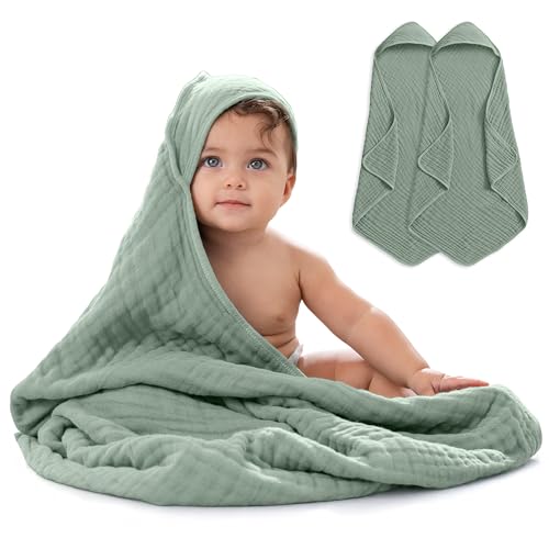 Image of Comfy Cubs 2 Pack Baby Hooded 9 Layer Muslin Cotton Towel for Kids, Large 32” x 32”, Ultra Soft, Warm, and Absorbent. Baby Essentials Bath Towels, Cute Unisex Cover for Girls and Boys (2 Pack, Fern)
