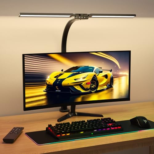 Image of SIBRILLE Upgraded Desk Lamp for Home Office - Dimmable Computer Desk Light with Remote, Modern Architect Task Lamp with Color Changing, Flexible Desktop Lamp with Gooseneck for Monitor, Double Head