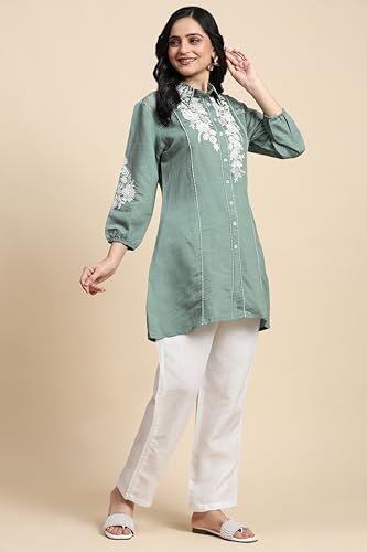 Image of TRENDMALLS Women's Art Silk Embroidery Kurta - Puff Sleeve A line Short Kurti Style Tunic for Women